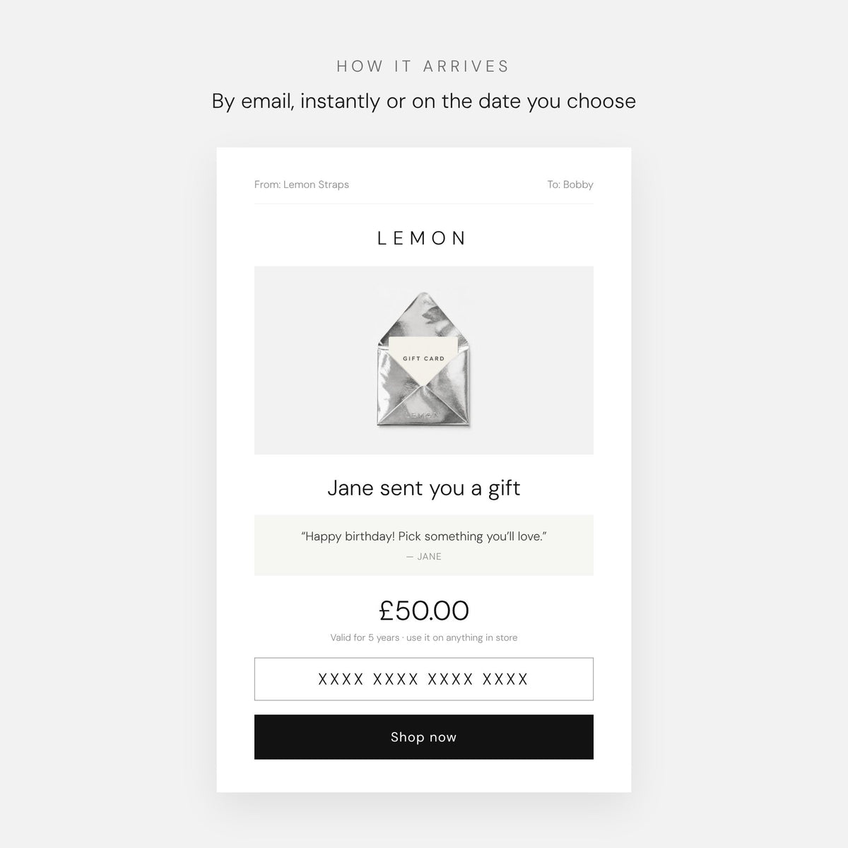 How the Lemon gift card arrives: an email with the sender's message, gift card value, code and Shop now button