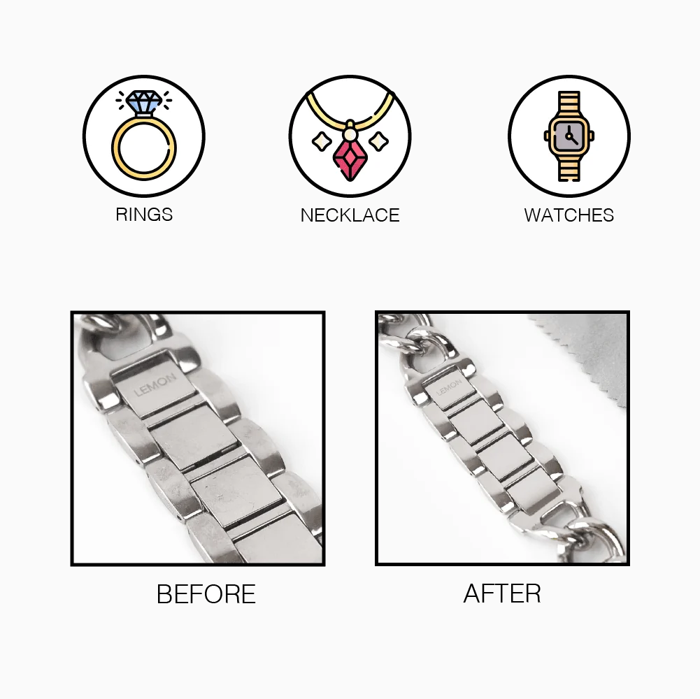 Polishing Cloth uses for rings, necklaces and watches, with before and after steel bracelet