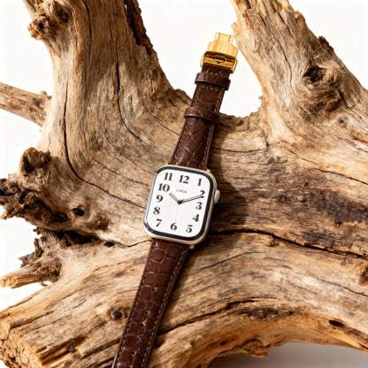 Alligator Apple Watch Band in coffee brown leather resting on driftwood