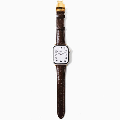 Alligator Apple Watch Band in coffee brown leather, full length view on white