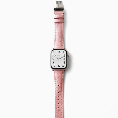 Alligator Apple Watch Band in pink alligator-embossed leather, front view on white