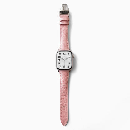 Alligator Apple Watch Band in pink leather, full length view on white