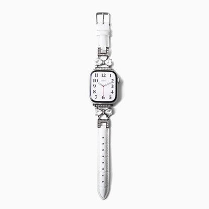 Frostblue Leather Apple Watch Band in white leather, full length view on white