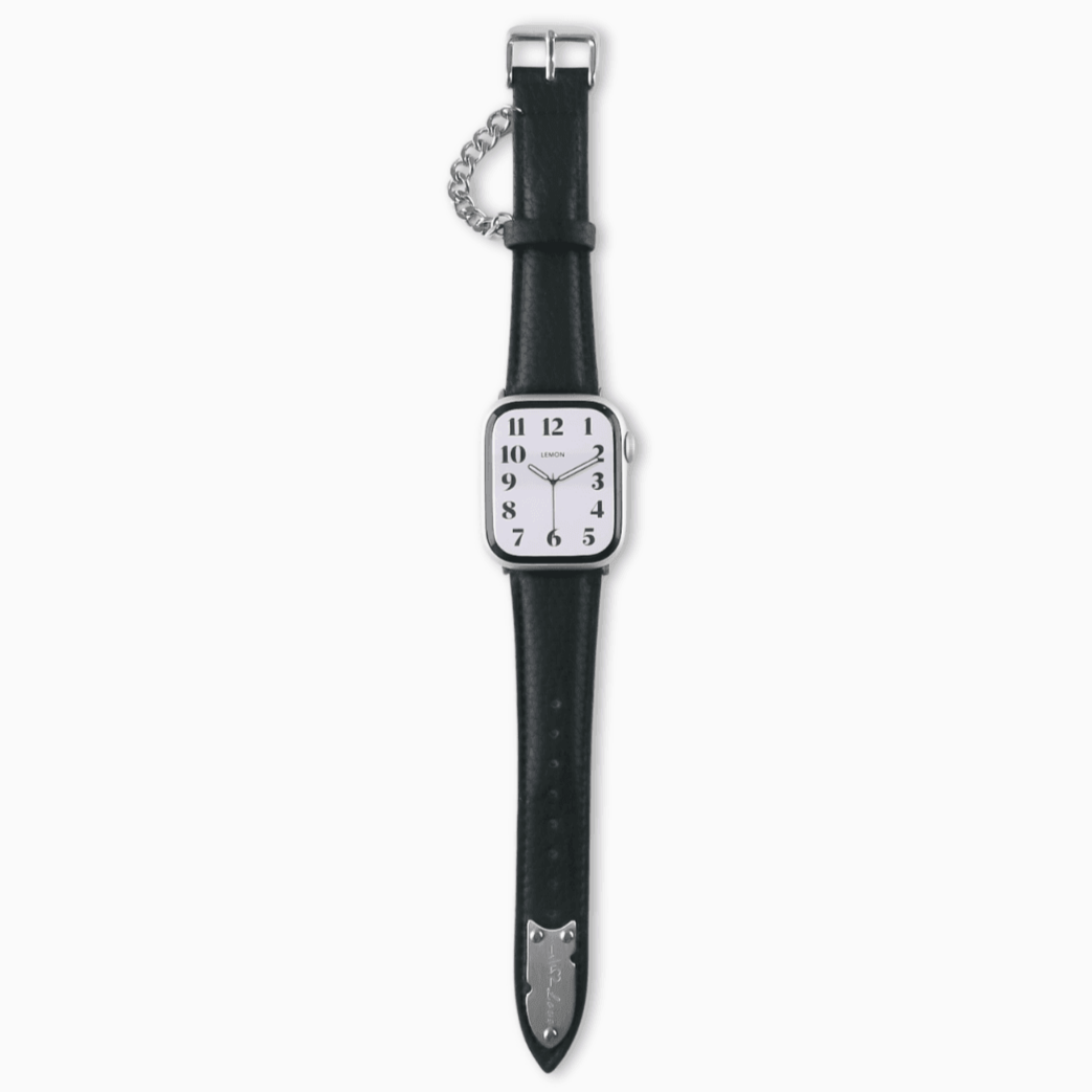 A black leather band for an Apple Watch with a chain attachment on one end.