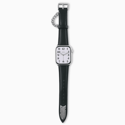 A black leather band for an Apple Watch with a chain attachment on one end.