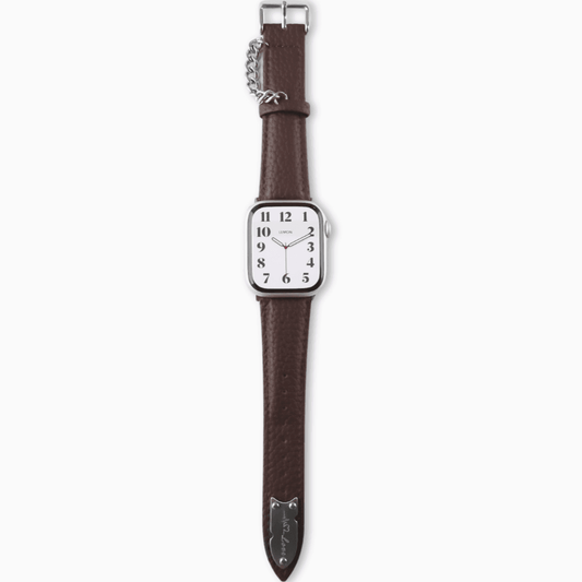 A brown leather Apple Watch band with a textured design and a chain link detail.