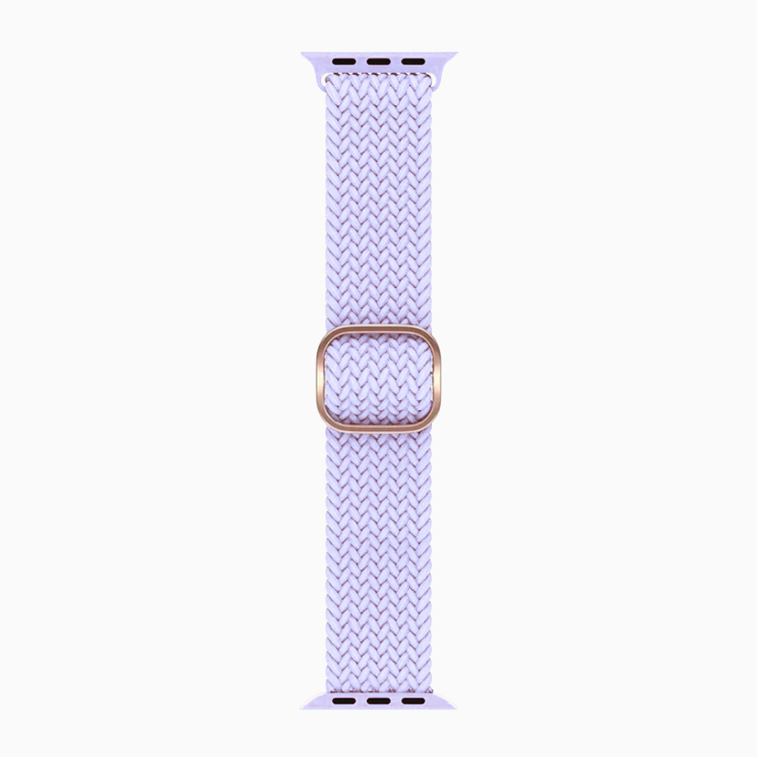 Woven patterned  PURPLE watch band with rose gold buckle on a white background