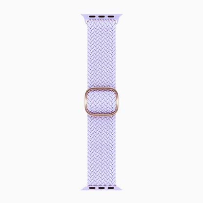Cloud Nylon Apple Watch Band in lavender, braided stretch band with rose gold buckle, flat on white