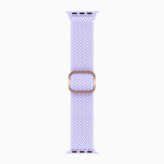 Woven patterned  PURPLE watch band with rose gold buckle on a white background