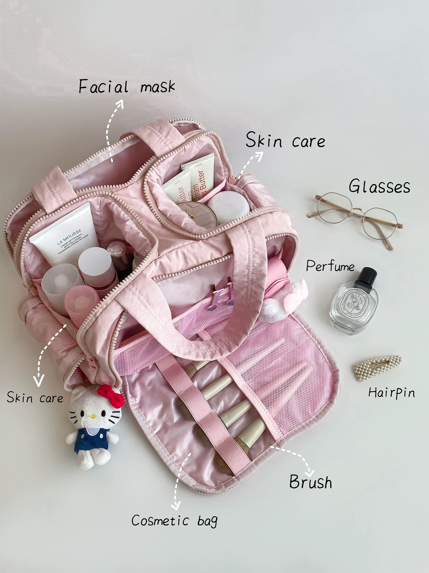 Pink cosmetic bag with labeled items including facial mask, skin care products, glasses, perfume, hairpin, and brush on a light gray background.