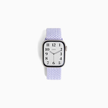 Cloud Nylon Apple Watch Band in lavender, watch face and braided band on white