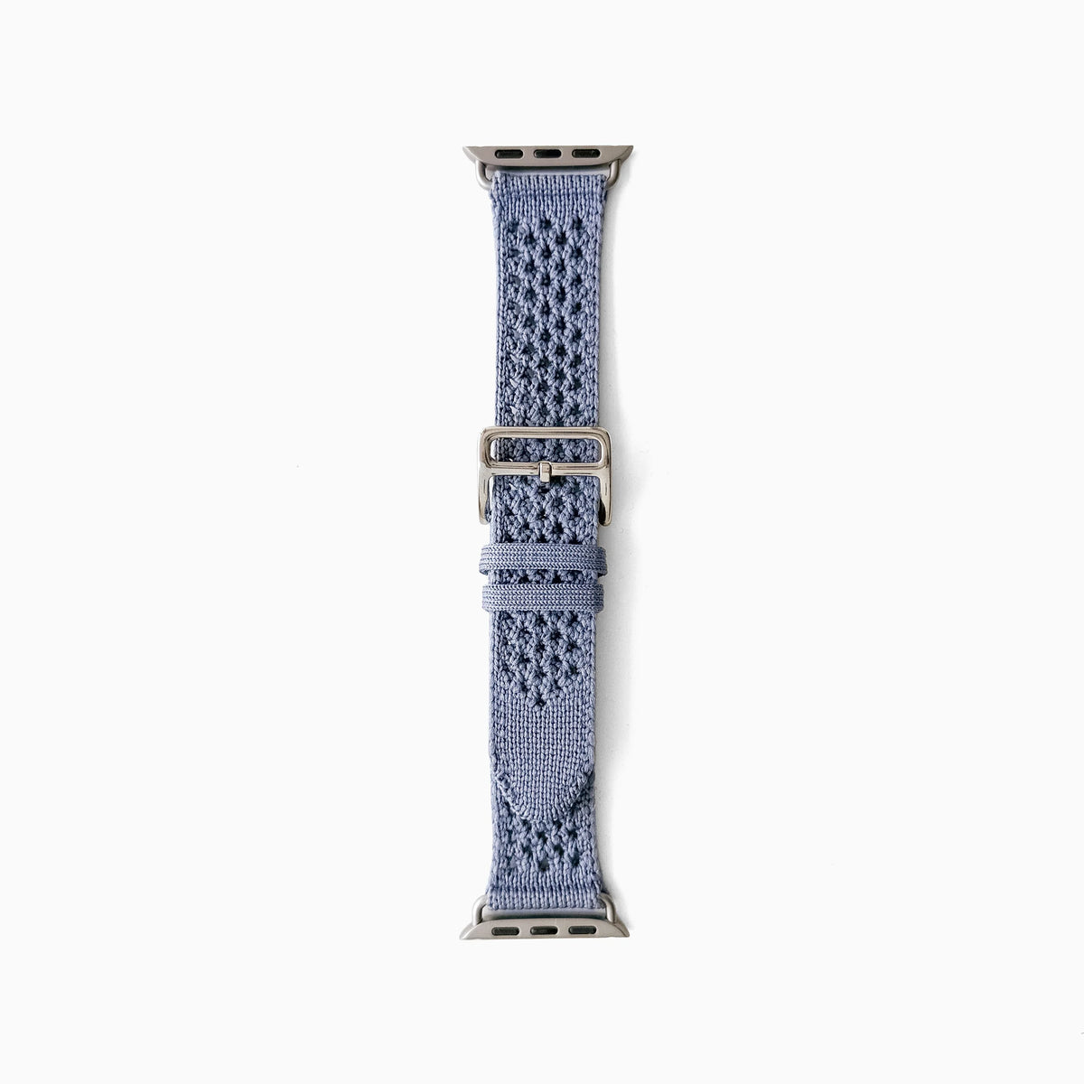 Solene Knit Apple Watch Band in blue, full length view on white