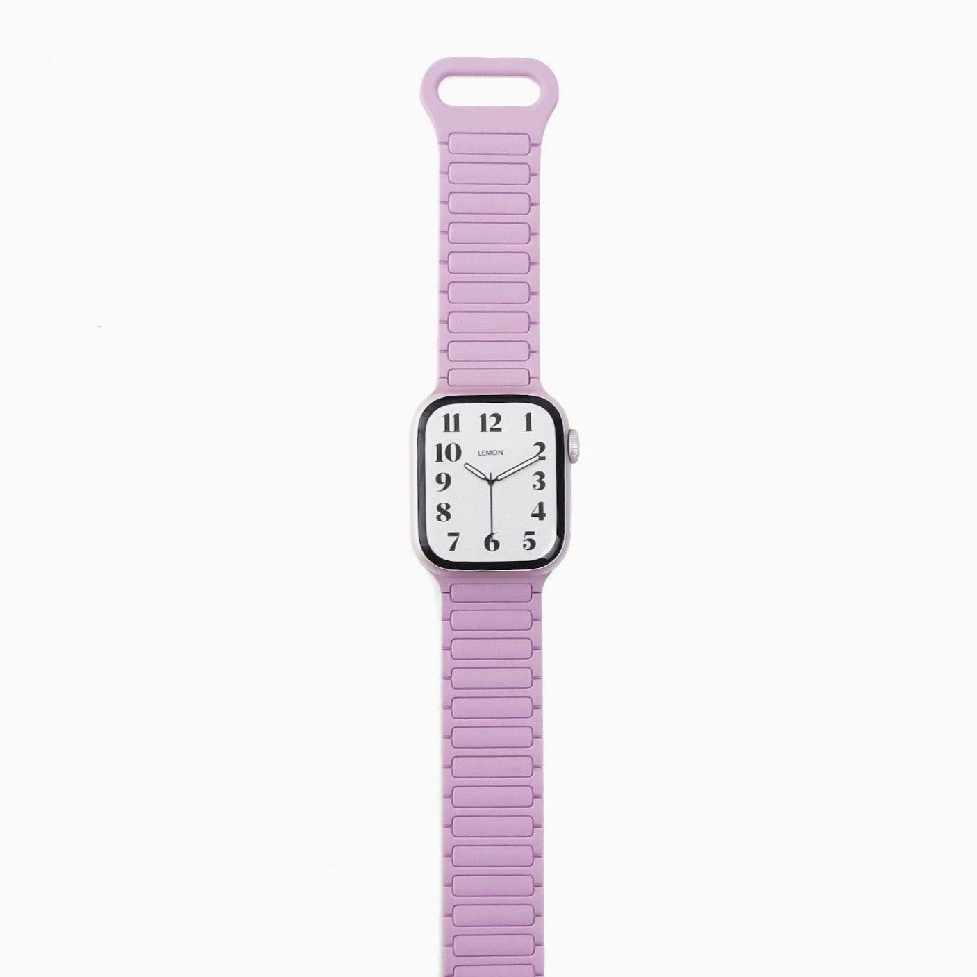 A purple silicone band for an Apple Watch with a magnetic loop attachment.