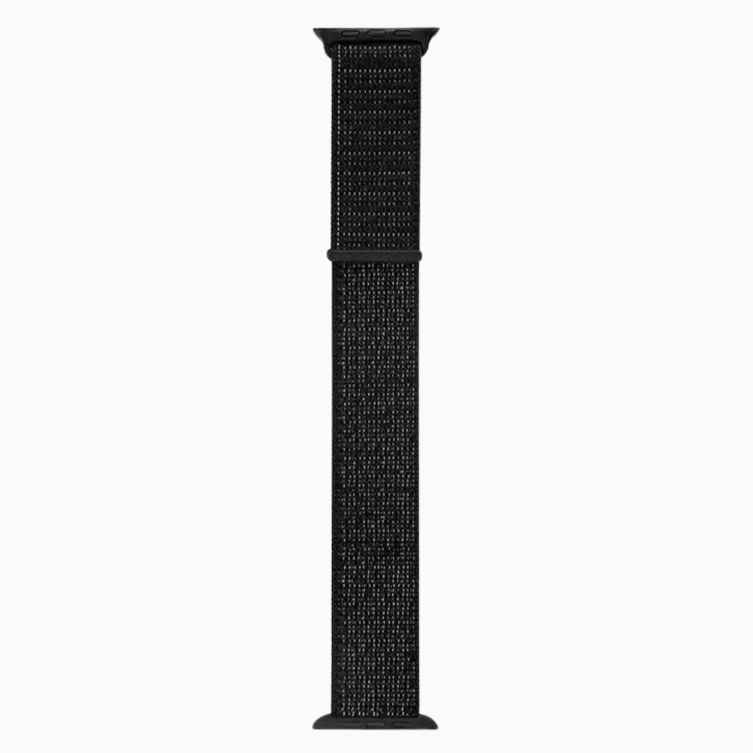 Black woven APPLE watch strap on a white background