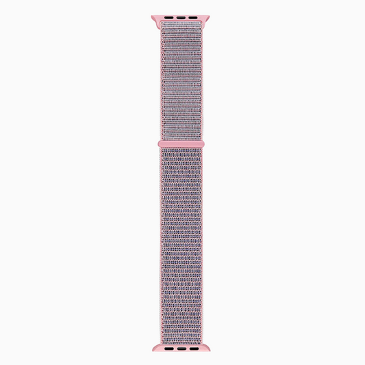 Woven watch strap with pink NYLON clasp on a white background