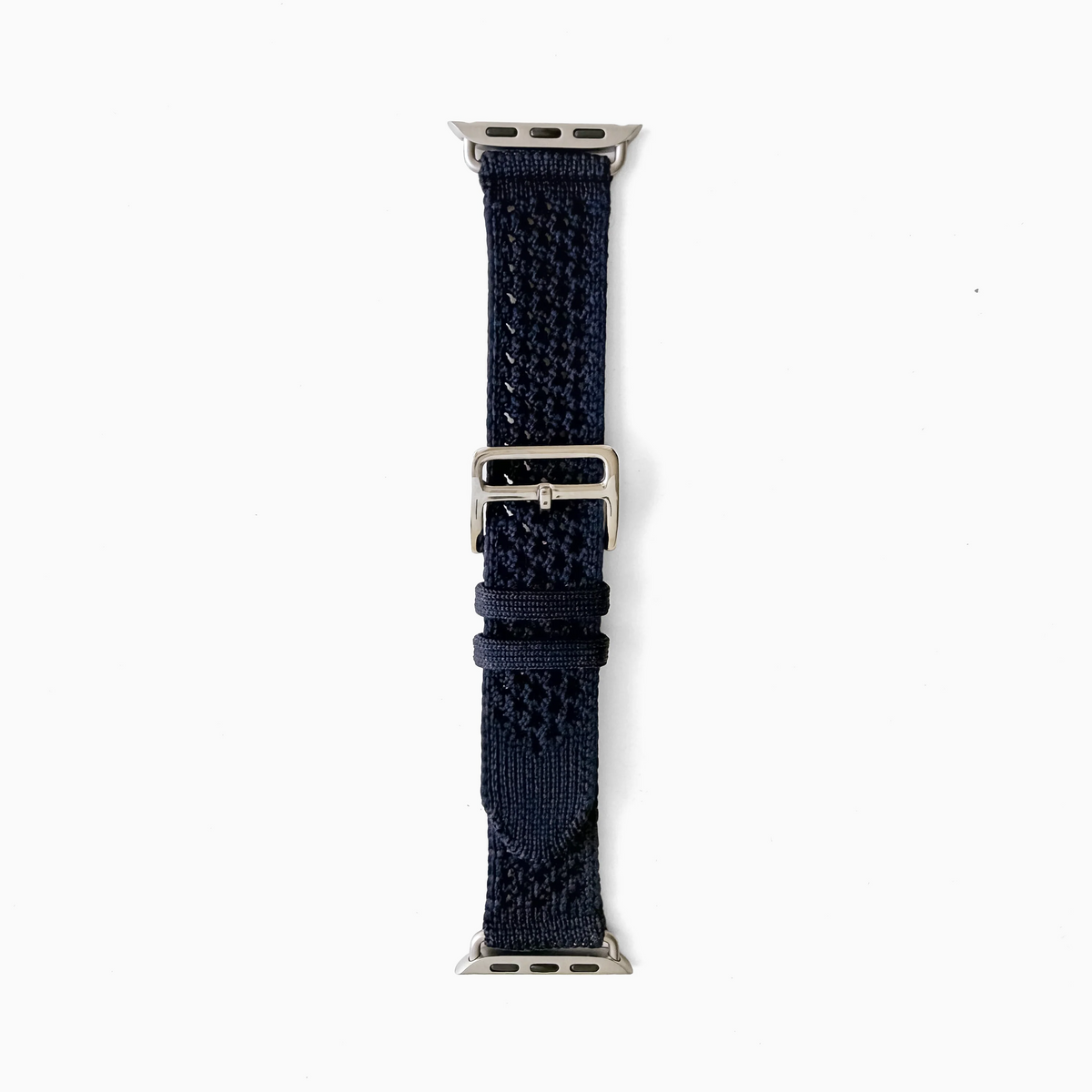 Solene Knit Apple Watch Band in navy, full length view on white