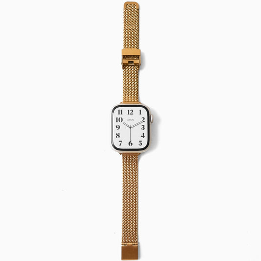 Watch with a gold mesh strap on a white background
