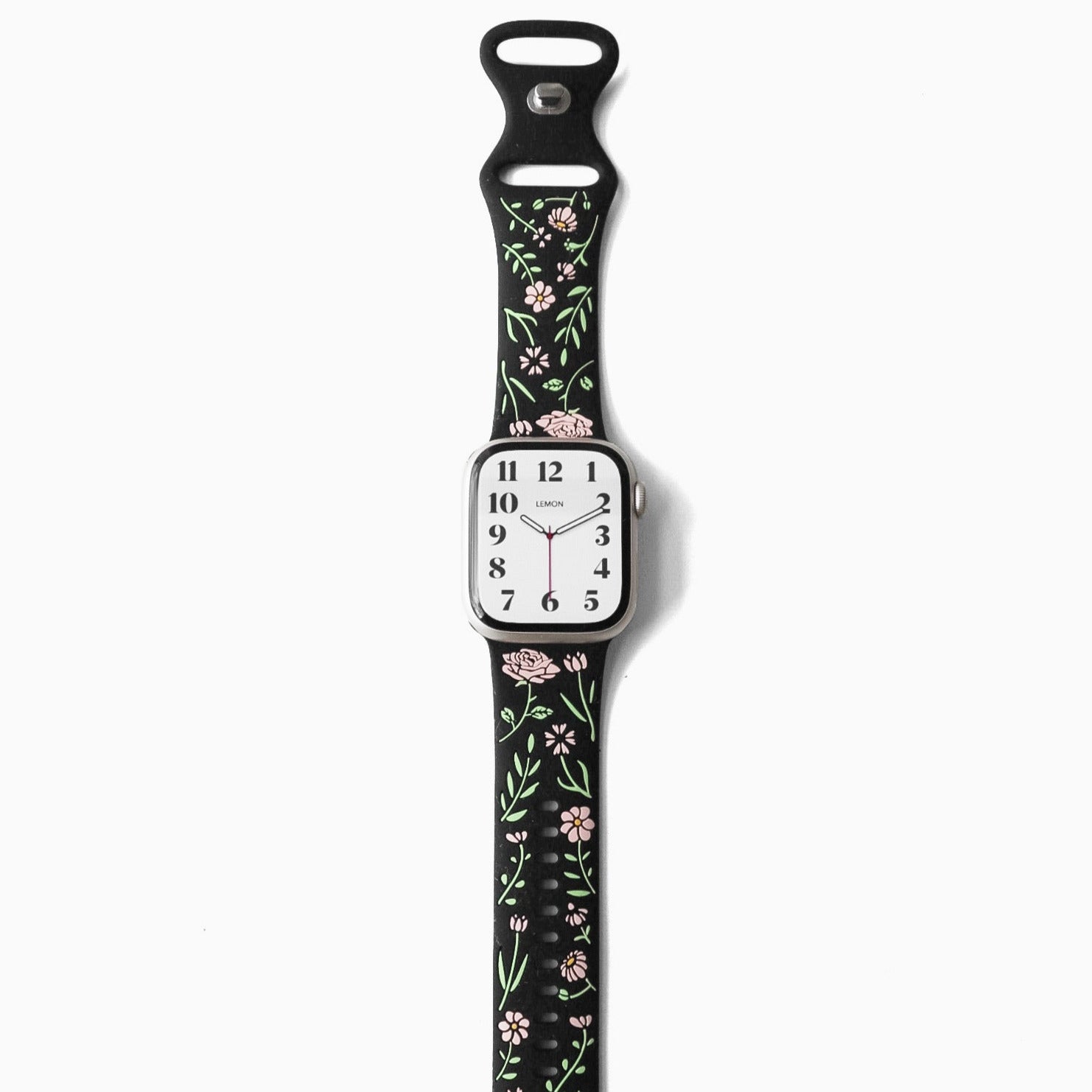 APPLE Watch with floral design on a black strap 