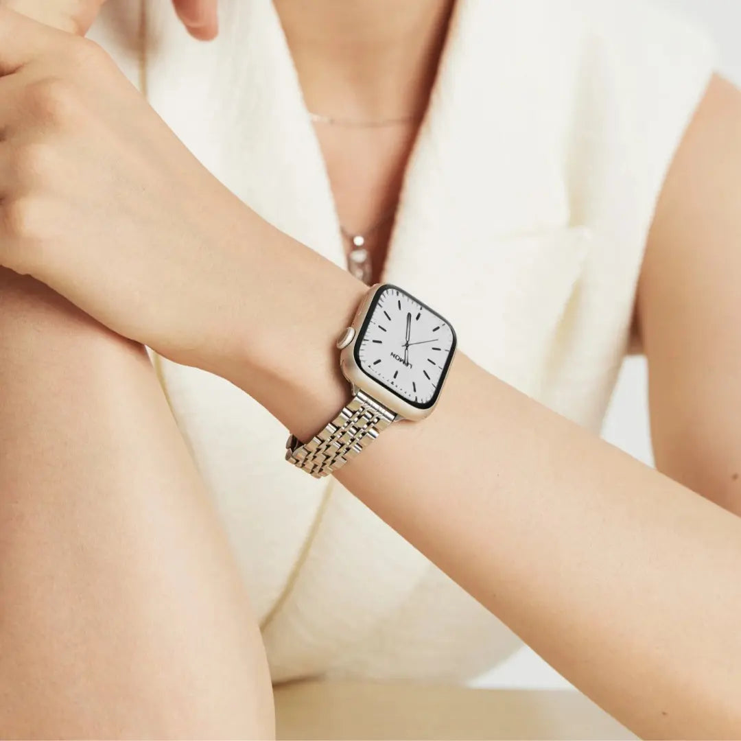 Woman wearing the Inspiration Apple Watch Band in silver, view 5