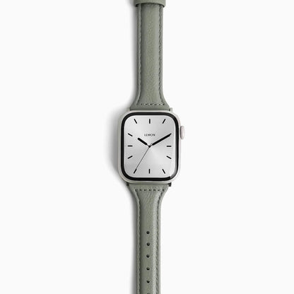 Classic Leather Apple Watch Band in pearl grey, front view on white