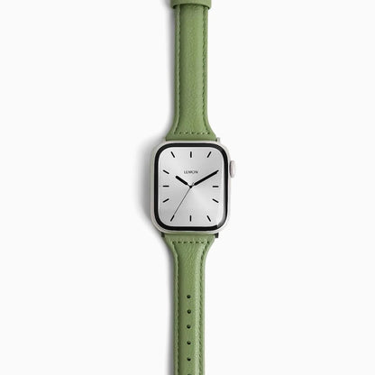 Classic Leather Apple Watch Band in prairie green, front view on white