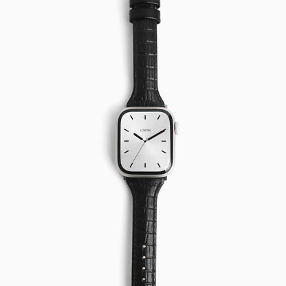 Voyage Leather Apple Watch Band in black croc-embossed leather, front view on white