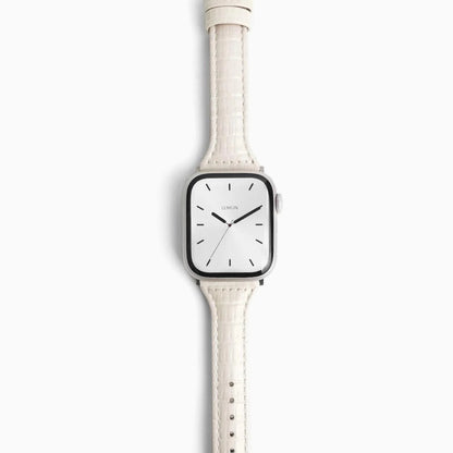 Voyage Leather Apple Watch Band in starlight cream leather, front view on white