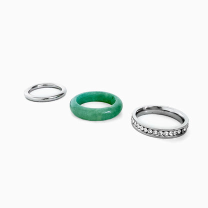 Mint Frost Ring Set laid out as three separate rings: smooth silver-tone ring, green aventurine band, and silver-tone rhinestone row band