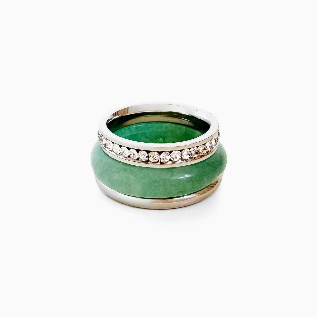 Mint Frost Ring Set stacked, silver-tone rhinestone row band on top of a green aventurine band with a silver-tone ring below