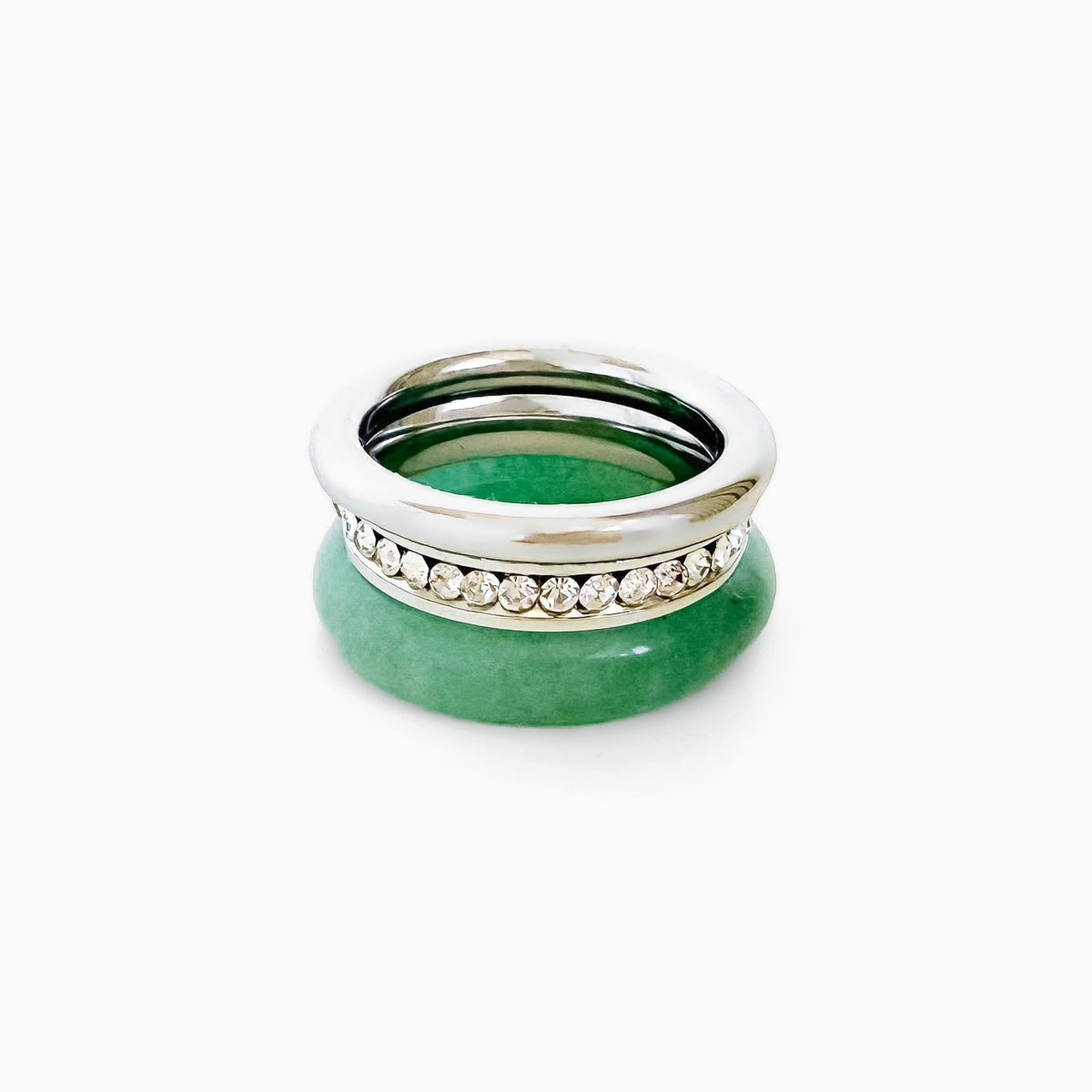 Mint Frost Ring Set, a rounded silver-tone ring and a rhinestone row band stacked on a green aventurine band, on a white background