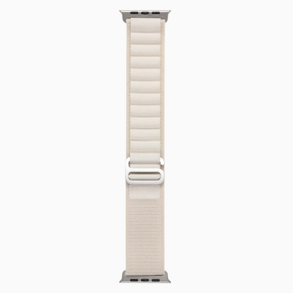 Mountain Nylon Apple Watch Band in starlight, full length on white with silver metal hook closure