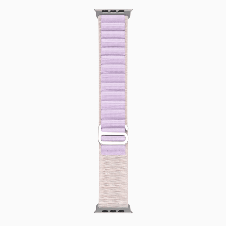 apple  watch bands, one lavender and one beige two tone, on a white background