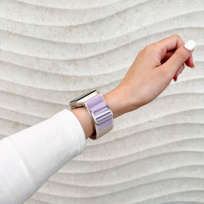 Mountain Nylon Apple Watch Band in starlight and lavender worn on wrist, side view with lavender band