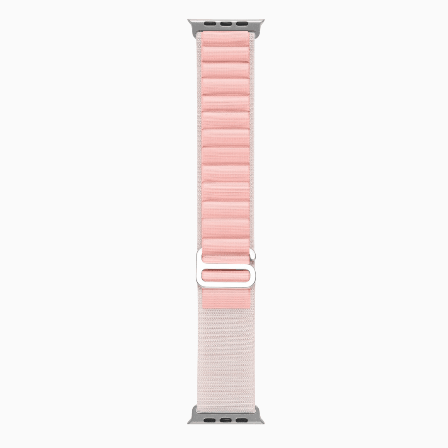 Pink and white apple- watch band on a white background