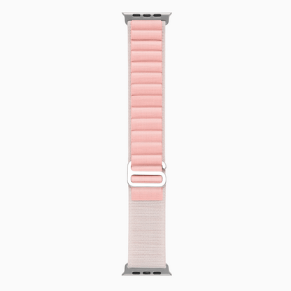 Mountain Nylon Apple Watch Band in starlight and pink, full length on white with silver hook closure
