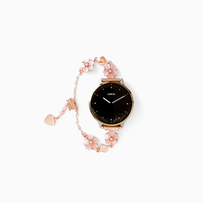 Pink sakura chain bracelet for Garmin watches, rose gold-tone chain with crystal-centered petals and a heart charm