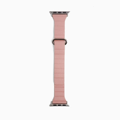 Slim Snap Loop Apple Watch Band in pink, full length on white with metal clasp
