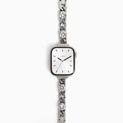 Blossom Apple Watch Band in silver stainless steel with crystal flowers, flat on white