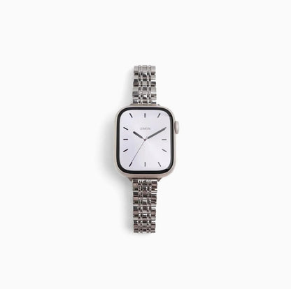 Inspiration Apple Watch Band in silver stainless steel, watch face view on white