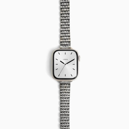 Inspiration Apple Watch Band in silver stainless steel, front view on white