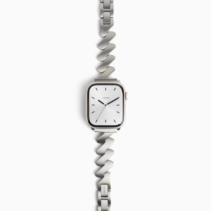 Lightning Apple Watch Band in silver stainless steel, front view on white