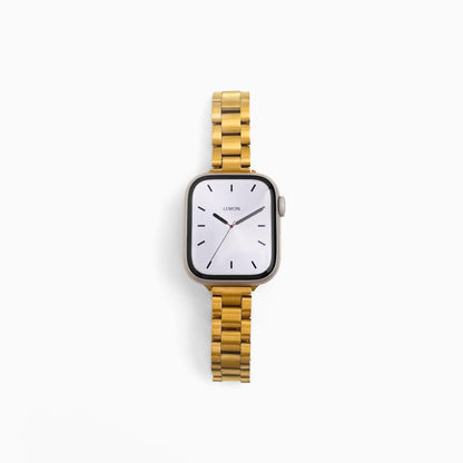Slim Oyster Apple Watch Band in gold stainless steel, front view on white