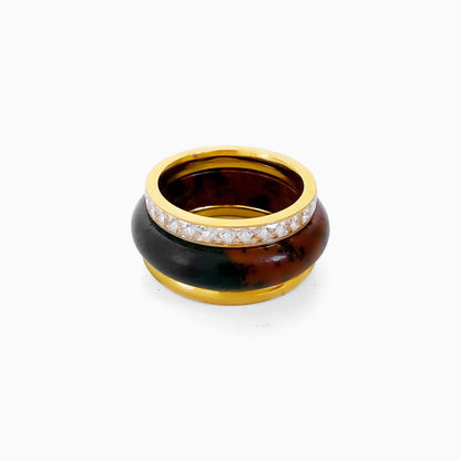 Tiramisu Ring Set, a gold-tone rhinestone row band stacked on a brown and black jasper band with a smooth gold ring, on a white background